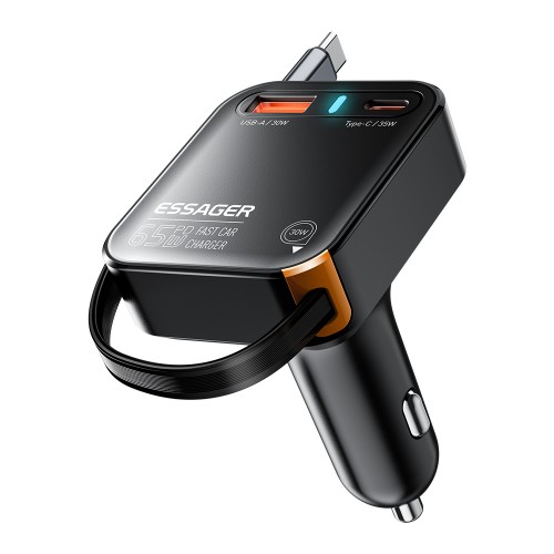 Automobilinis įkroviklis Essager "Yttrium" juodas 65W (integruotas Type-C laidas)