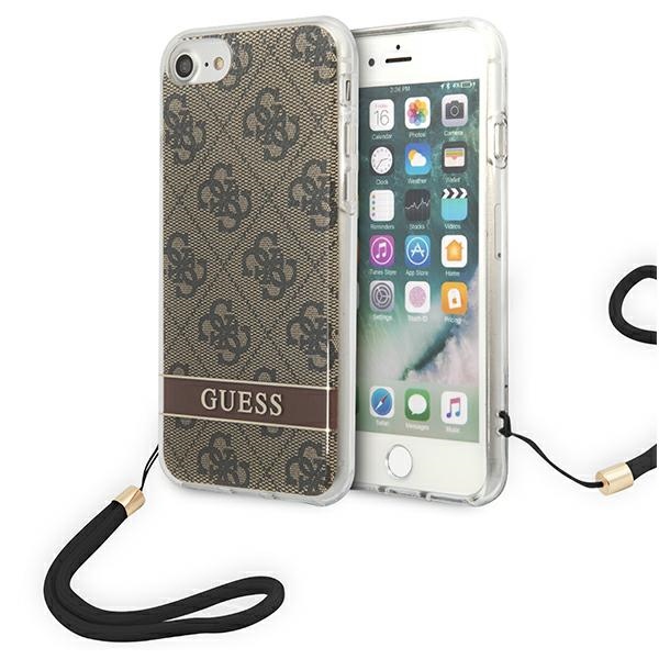 Guess GUOHCI8H4STW iPhone SE 2022 / SE 2020 / 7 / 8 rudas kietasis dėklas su 4G rašto dirželiu