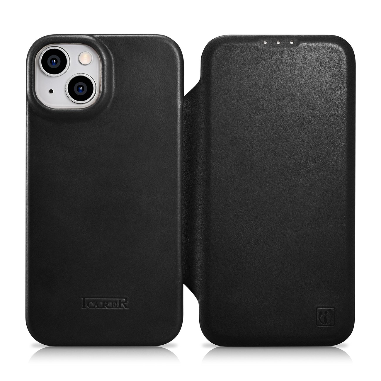 iCarer CE Oil Wax Premium odinis folio dėklas iPhone 14 Plus Magnetinis atverčiamas dėklas su MagSafe Juodas (AKI14220707-BK)
