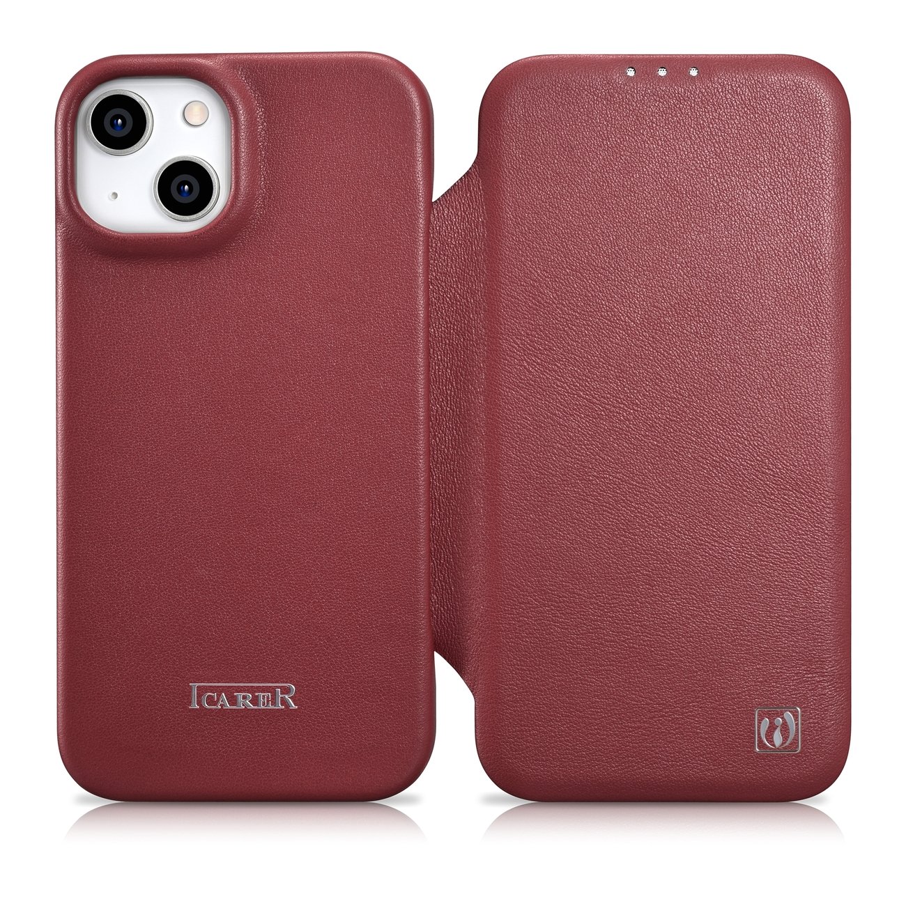 iCarer CE Premium odinis folio dėklas iPhone 14 Plus su MagSafe magnetiniu flipu - raudonas