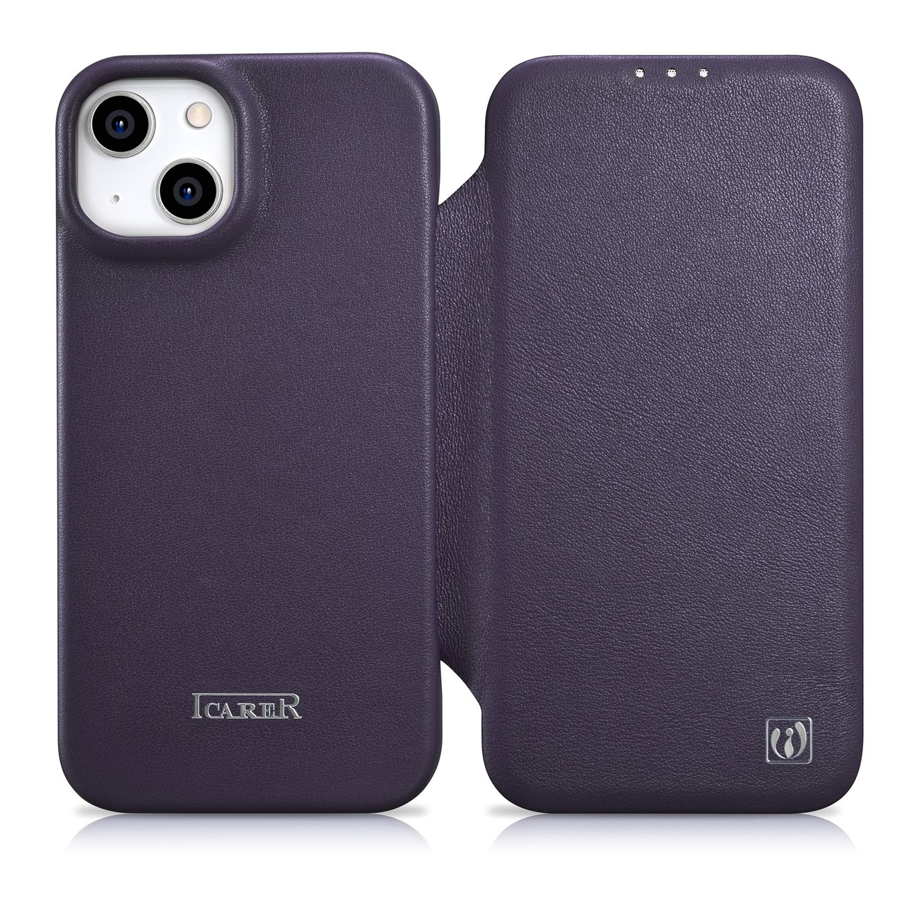 iCarer CE Premium odinis folio dėklas iPhone 14 Plus magnetinis atverčiamas odinis folio dėklas MagSafe tamsiai violetinė