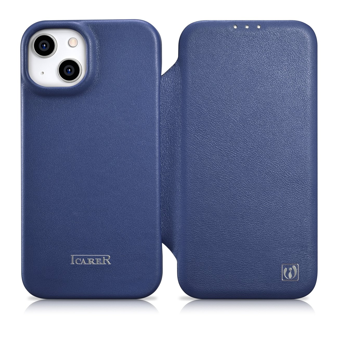 iCarer CE Premium odinis folio dėklas iPhone 14 Plus magnetinis atverčiamas odinis folio dėklas MagSafe mėlyna