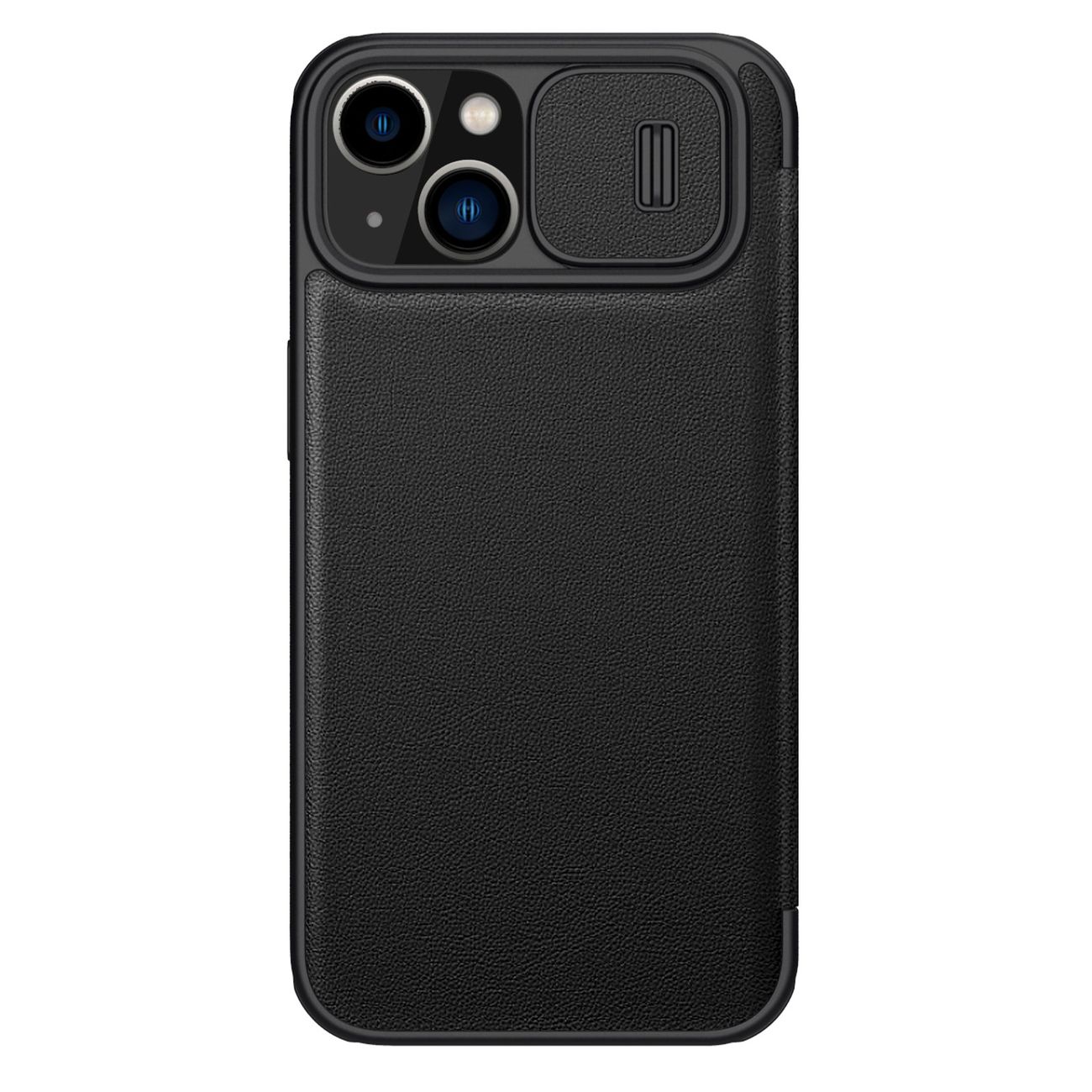 Nillkin Qin odinis dėklas iPhone 14 Plus su kameros dangteliu ir dėklu juodas