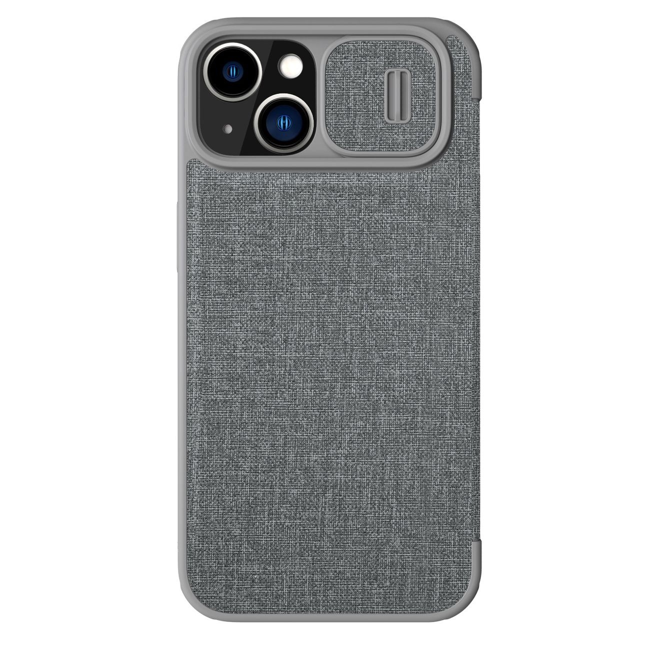 Nillkin Qin audinio dėklas iPhone 14 Plus su kameros dangteliu ir dėklu pilkas