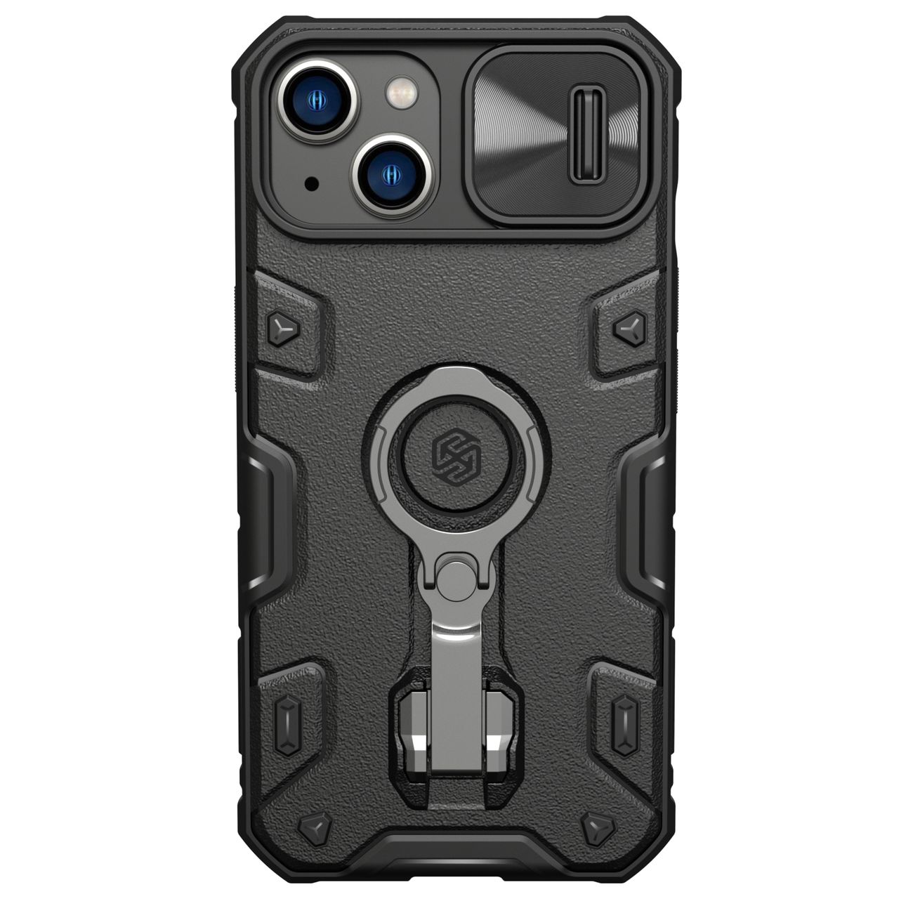 Nillkin CamShield Armor Pro dėklas iPhone 14 Plus dėklas šarvuotas dėklas su kameros apsauga ir žiediniu stovu juodas