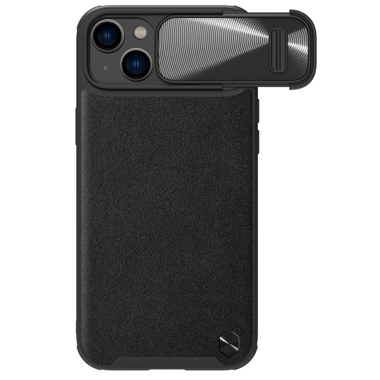 Nillkin CamShield Leather S dėklas iPhone 14 dėklas su kameros dangteliu juodas