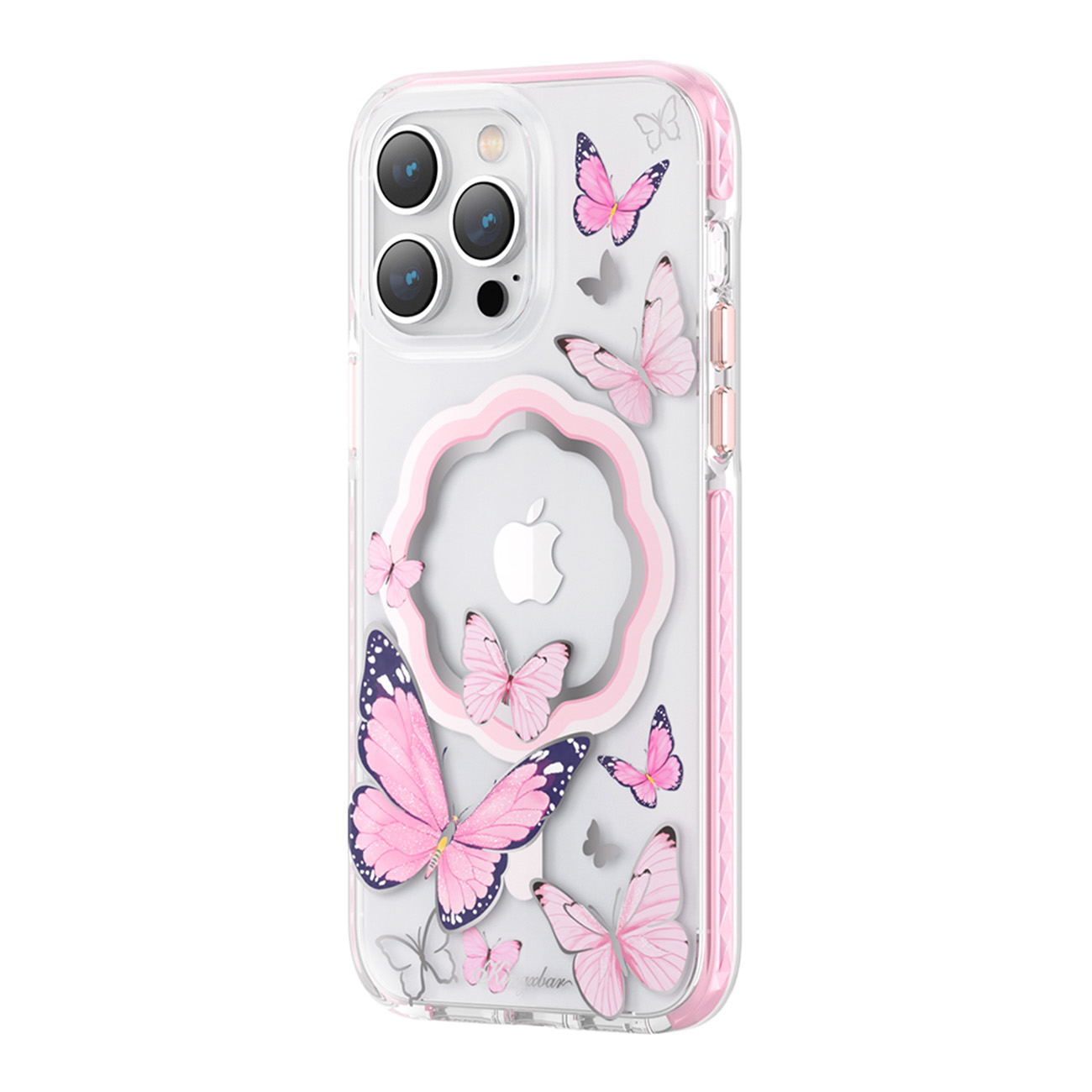Kingxbar Butterfly Series magnetinis dėklas telefonui iPhone 14 Plus MagSafe su drugelių motyvu rožinės spalvos