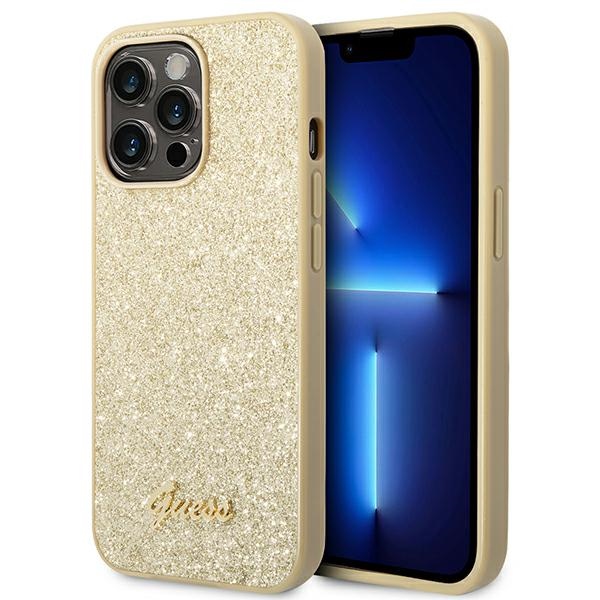 Guess Glitter Script dėklas telefonui iPhone 14 Pro - auksinis