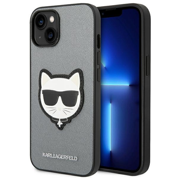 Karl Lagerfeld Saffiano Choupette Head Patch dėklas telefonui iPhone 14 - sidabrinis