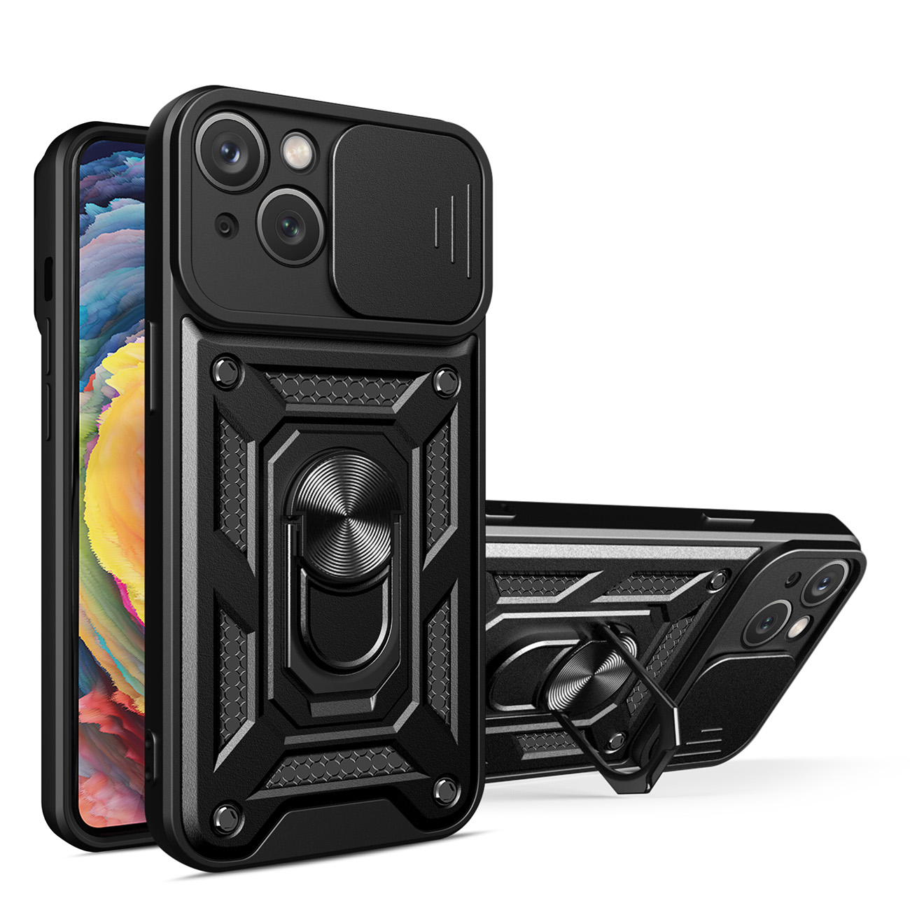 Hybrid Armor Camshield dėklas telefonui iPhone 14 Plus šarvuotas dėklas su kameros dangteliu juodas