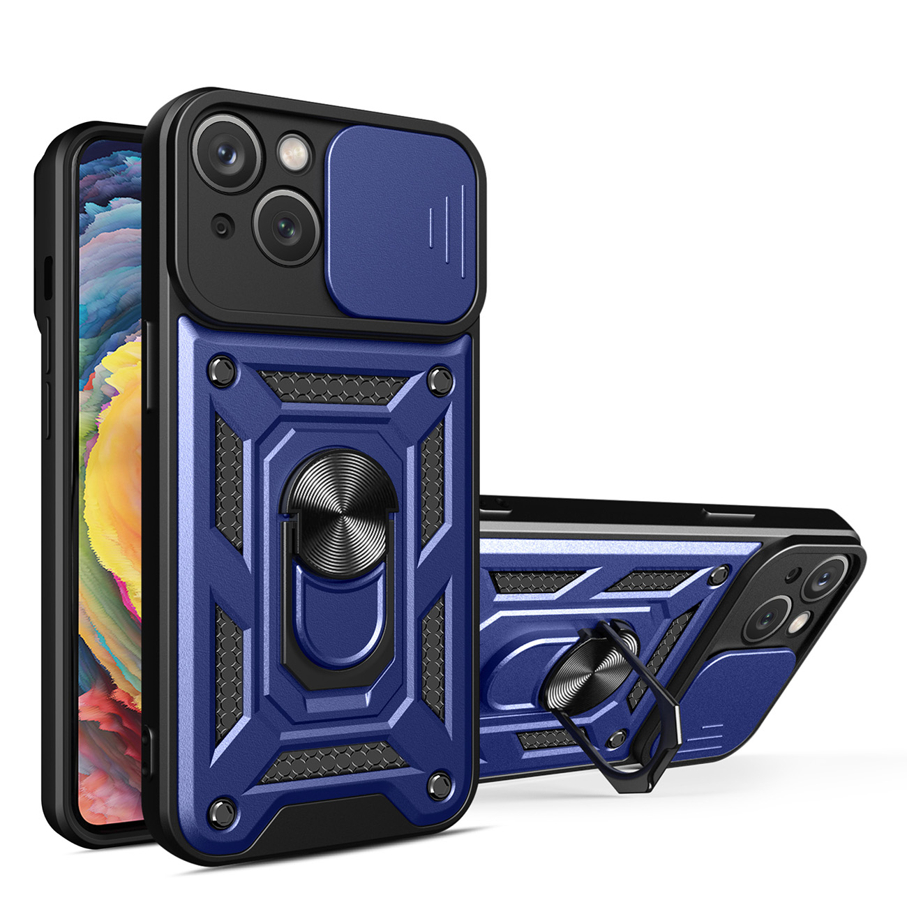 Hybrid Armor Camshield dėklas telefonui iPhone 14 Plus šarvuotas dėklas su kameros dangteliu mėlynas