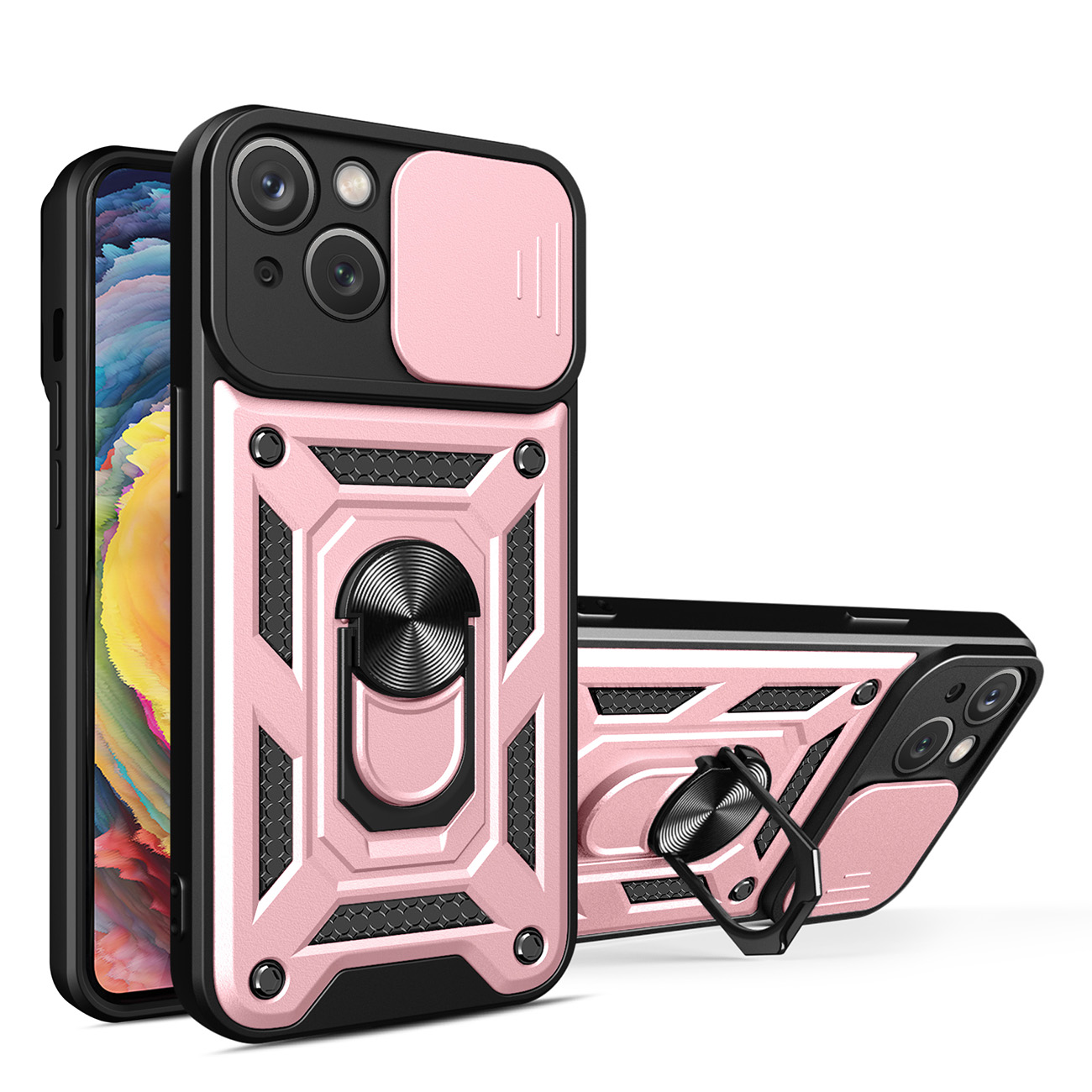 Hybrid Armor Camshield dėklas telefonui iPhone 14 Plus šarvuotas dėklas su kameros dangteliu rožinis