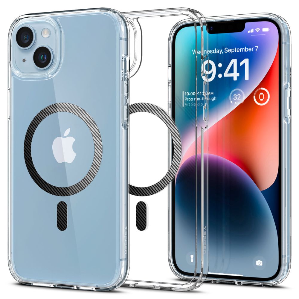 Spigen Ultra Hybrid magnetinis dėklas su MagSafe, skirtas iPhone 14 Plus – skaidriai pilkas