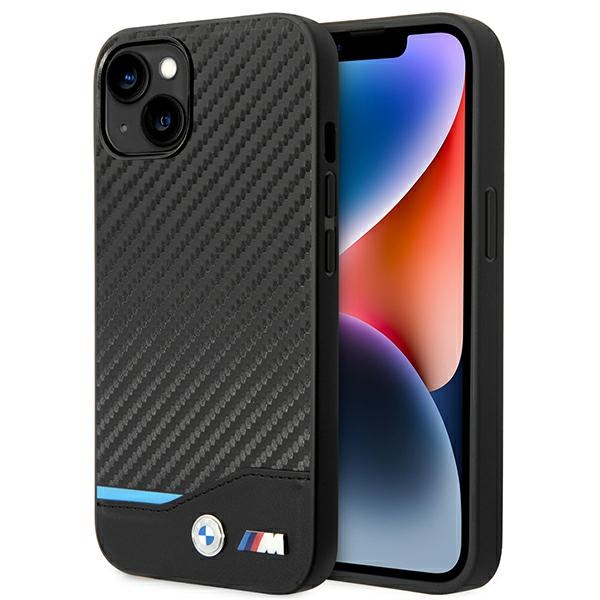 Dėklas BMW BMHCP14M22NBCK iPhone 14 Plus 6.7 - juodas odinis dėklas su karbono odos efektu