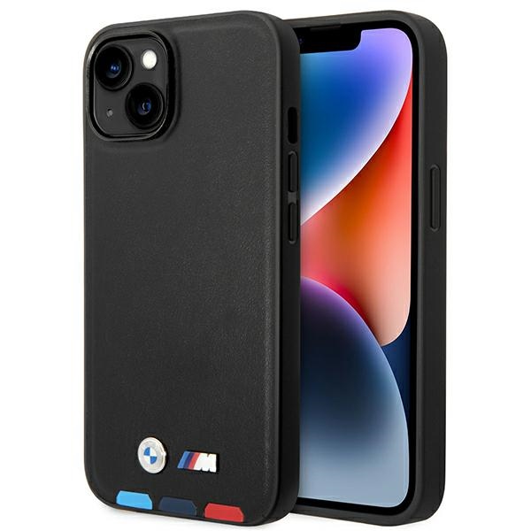Dėklas BMW BMHCP14M22PTDK iPhone 14 Plus 6.7 - juodas odinis dėklas su trispalviu štampavimo įspaudu MagSafe