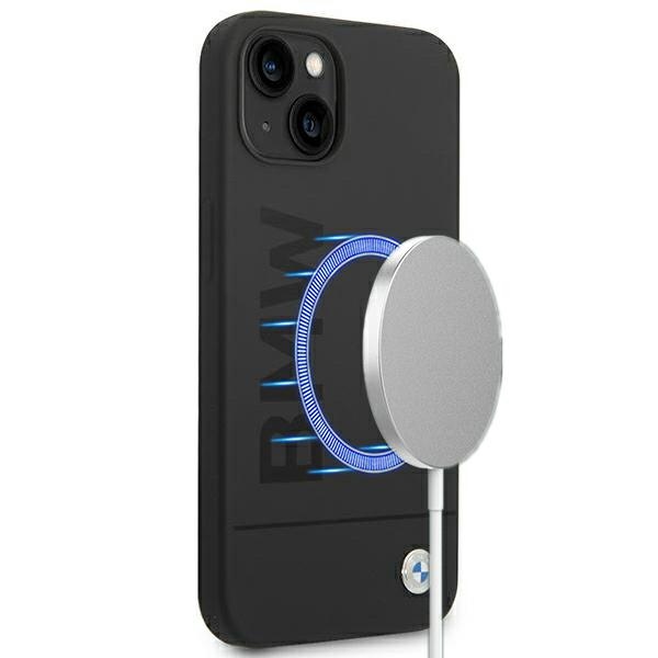 Dėklas BMW BMHMP14MSLBLBK iPhone 14 Plus 6.7 "juodas / juoda kietas dėklas Silikoninis Parašo Logotipas Magnetinis