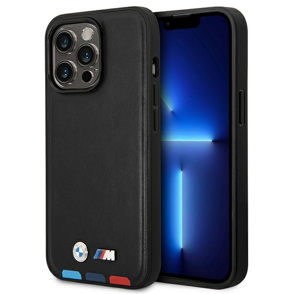 Dėklas BMW BMHMP14X22PTDK iPhone 14 Pro Max 6.7 - juodas odinis dėklas su trispalviu spaudu MagSafe