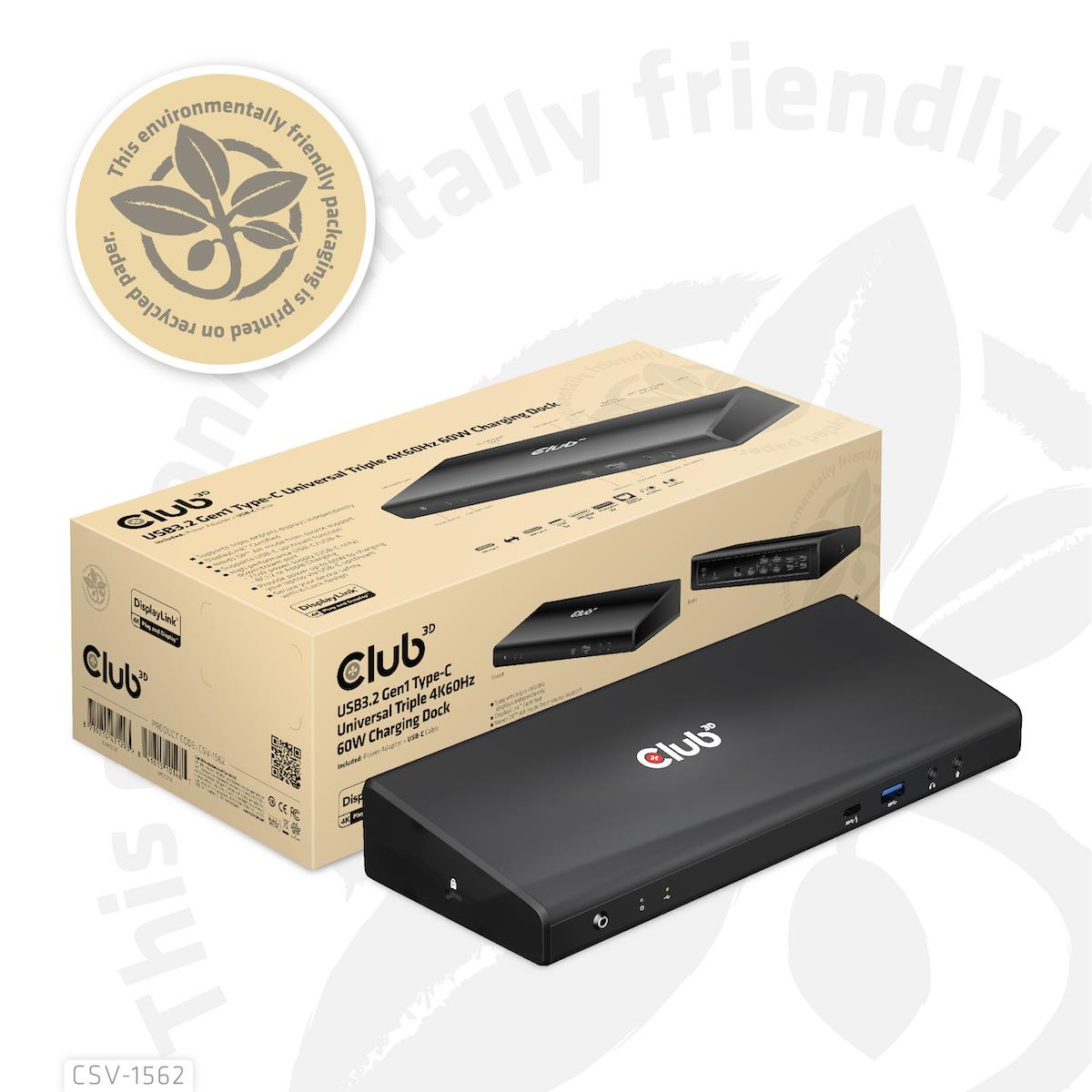 Club3D CSV-1562 nešiojamojo kompiuterio prijungimo stotelė USB-C 60W