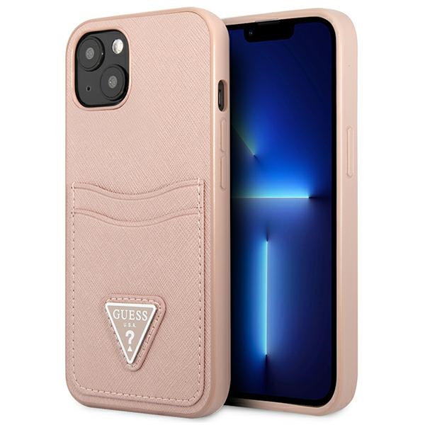 Guess GUHCP13MPSATPP iPhone 13 6.1 dėklas telefonui, rožinis, kietas, Saffiano trikampio logotipu ir kortelių skyriumi