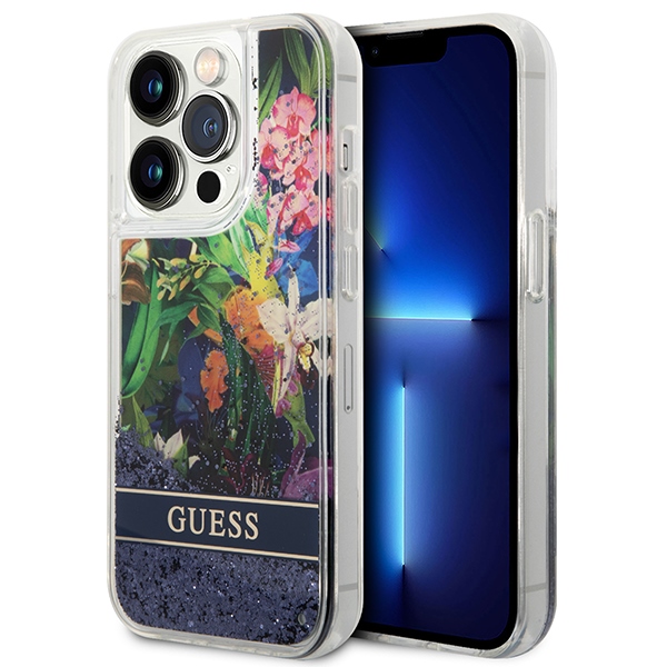 Guess GUHCP14LLFLSB iPhone 14 Pro 6.1 mėlynas / mėlynas kietasis dėklas Flower Liquid Glitter