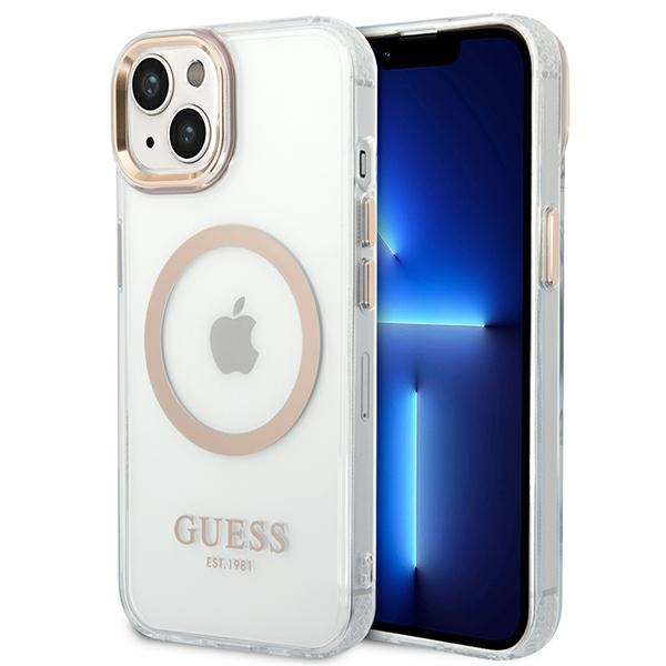 Guess GUHMP14SHTRMD iPhone 14 6.1 "auksinis / auksinis kietas dėklas Metalinis kontūras Magnetinis