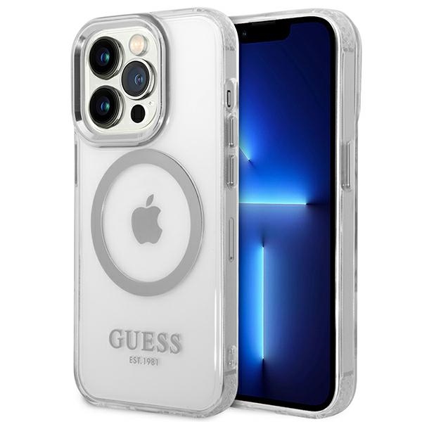 Guess GUHMP14XHTRMS iPhone 14 Pro Max 6.7" sidabrinis/sidabrinis kietas dėklas Metalinis kontūras Magnetinis