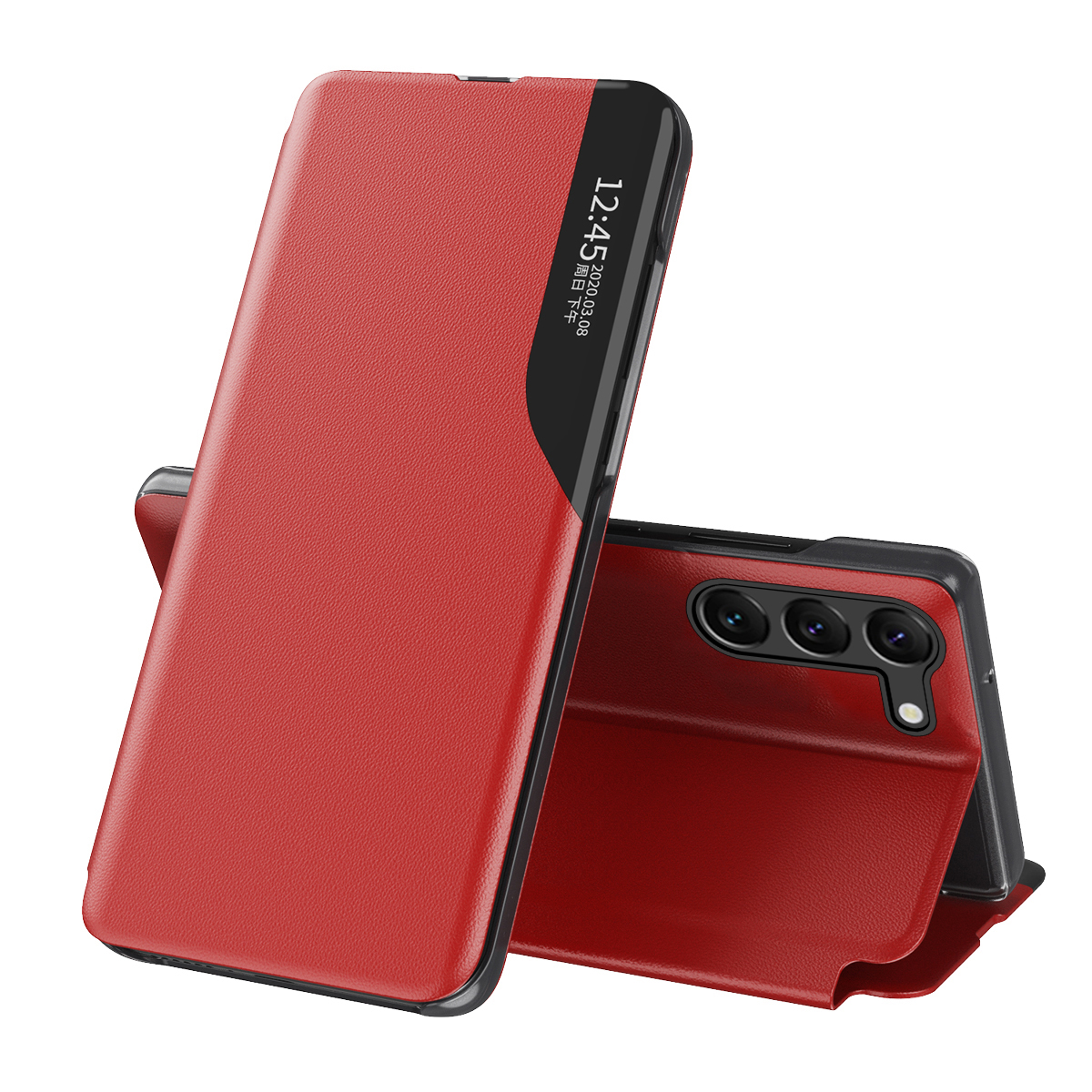 Eco Leather View Case dėklas telefonui Samsung Galaxy S23+ su atverčiamu stovu raudona