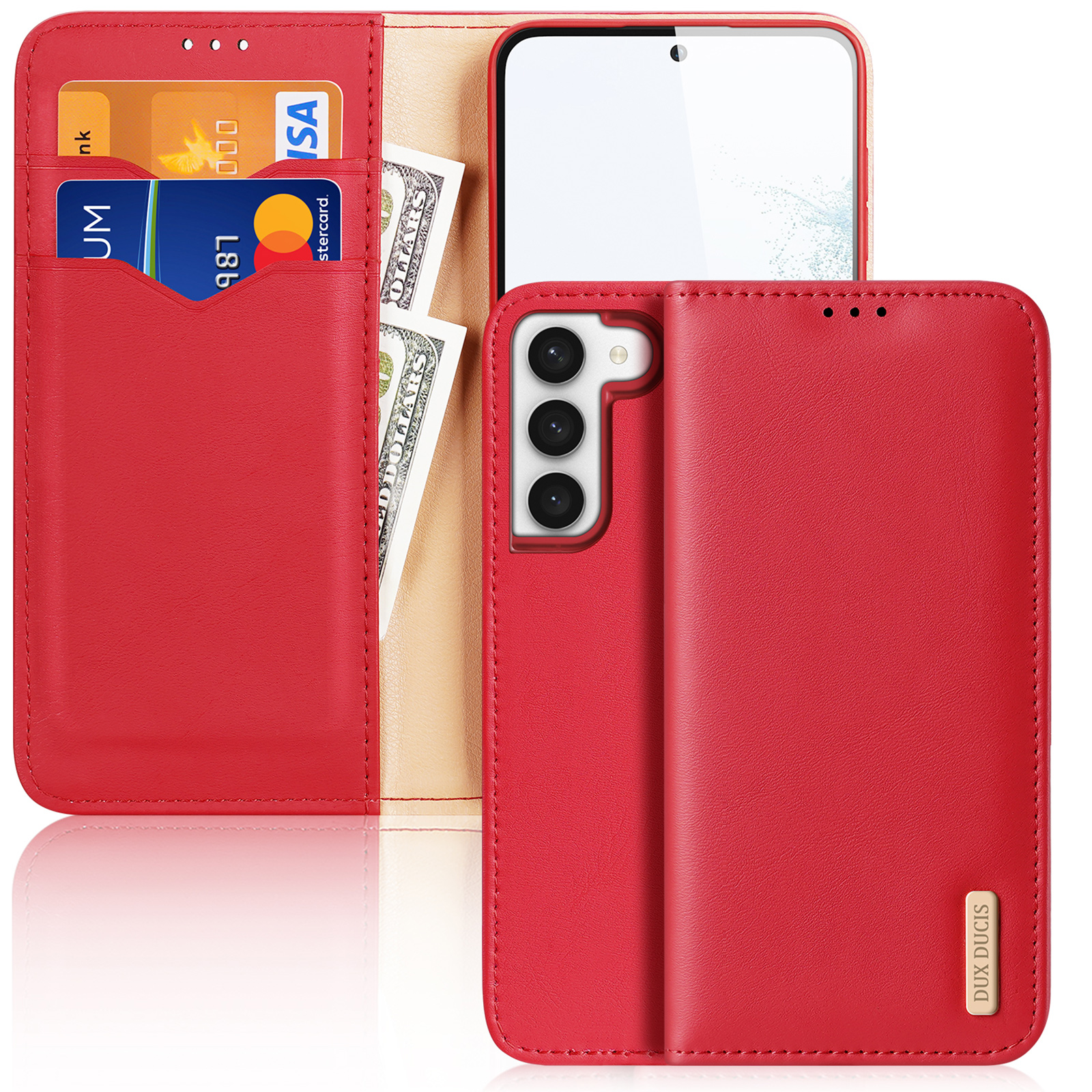 Dux Ducis Hivo dėklas Samsung Galaxy S23+ atverčiamas dėklas su pinigine ir RFID apsauga raudonas