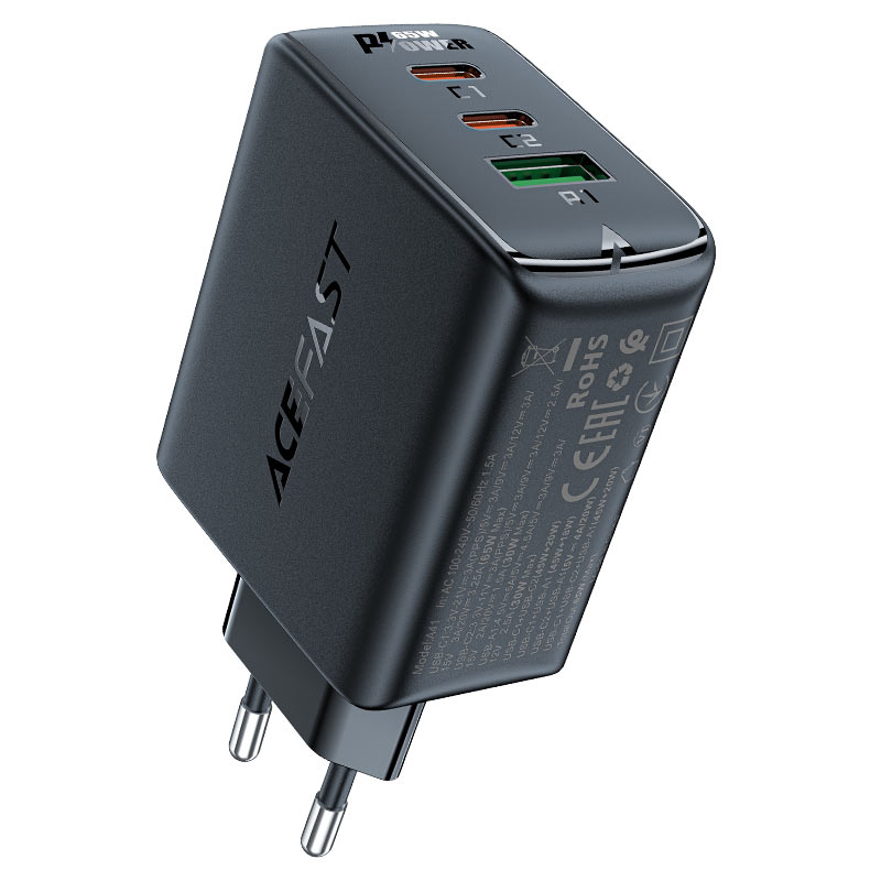 Įkroviklis Acefast A41 65W GaN 2xUSB-C/USB-A juodas