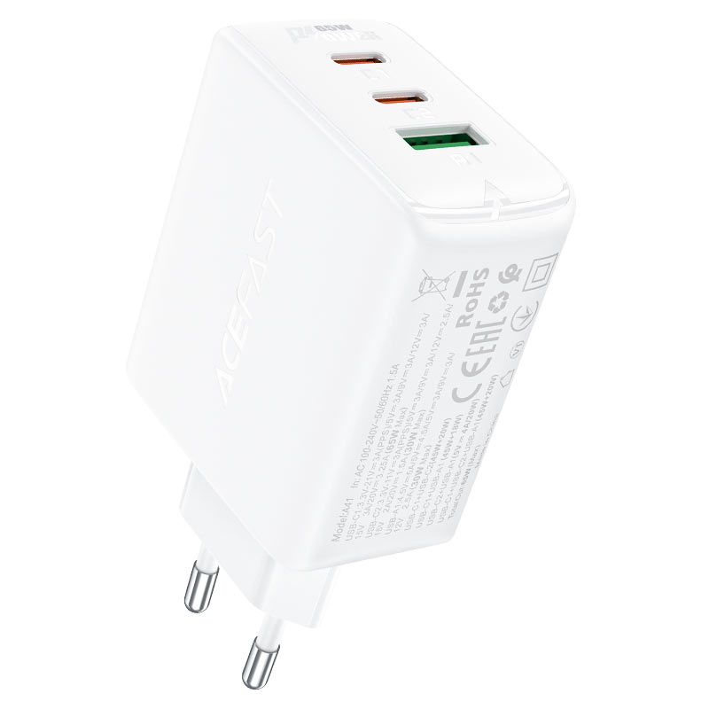 Acefast greitas įkroviklis GaN (2xUSB-C / USB-A) PPS / PD / QC4+ 65W baltas (A41)
