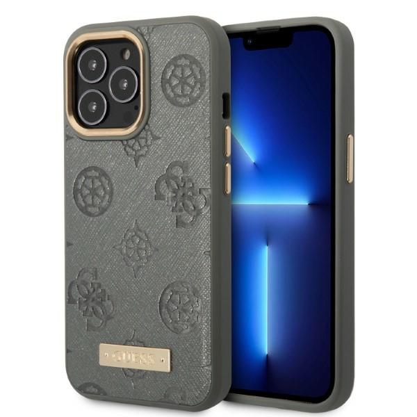 Guess GUHMP13LSAPSTG iPhone 13 Pro / 13 6.1" pilkas/pilkas kietas dėklas telefonui Peony Logo Plate Magnetinis MagSafe