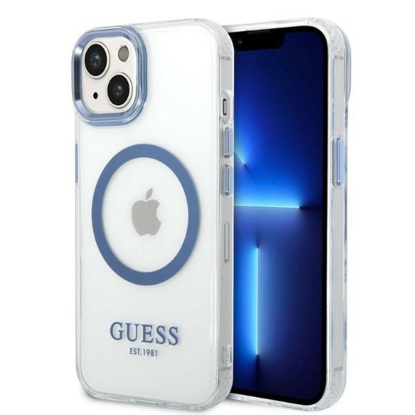 Guess Metalinis kontūras Magnetinis dėklas telefonui iPhone 14 Plus - mėlynas