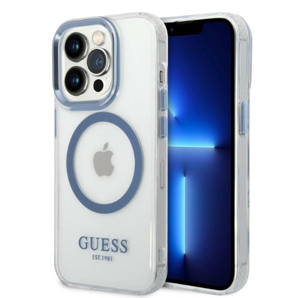 Guess GUHMP14XHTRMB iPhone 14 Pro Max 6.7" mėlynas kietas dėklas su metaliniu kontūru, magnetinis (MagSafe)
