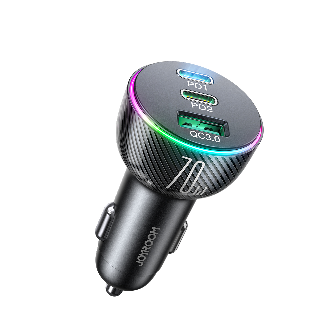 Joyroom automobilinis įkroviklis 70W su 3 jungtimis: USB, 2 x USB-C juodas (JR-CL26)