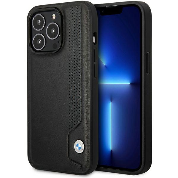 Dėklas telefonui BMW BMHCP14L22RBDK iPhone 14 Pro 6.1 - juodas odinis mėlynas taškų raštas