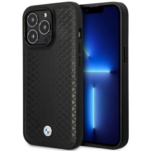 Dėklas telefonui BMW BMHMP14X22RFGK iPhone 14 Pro Max 6.7 - juodas odinis diamantinio rašto MagSafe