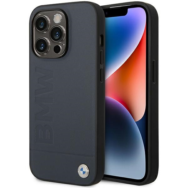 Dėklas telefonui BMW BMHMP14XSLLNA iPhone 14 Pro Max 6.7 - mėlynas odinis karšto štampavimo MagSafe