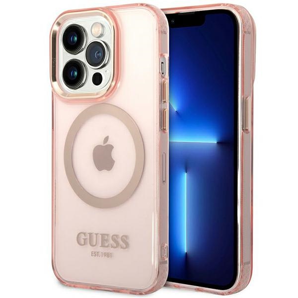 Guess GUHMP14XHTCMP iPhone 14 Pro Max 6.7" rožinis/rožinis kietas dėklas Auksinis Kontūras Permatomas Magnetinis