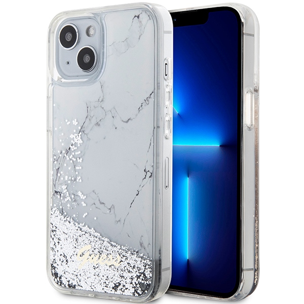 Guess Liquid Glitter Marble dėklas telefonui iPhone 14 - baltas