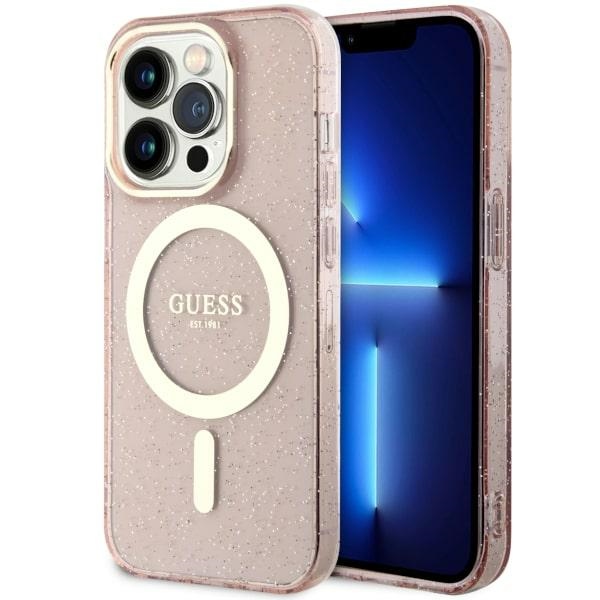 Guess GUHMP14LHCMCGP iPhone 14 Pro 6.1" rožinis/rožinis kietas dėklas Blizgučiai Auksas MagSafe
