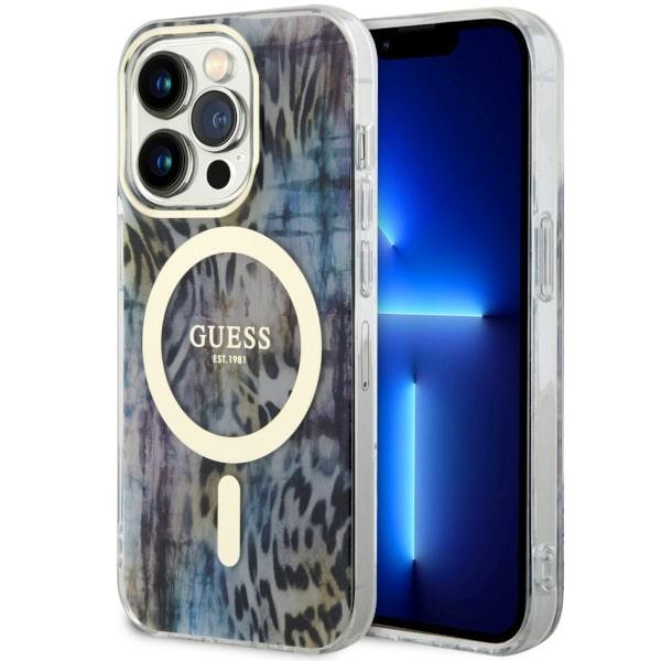 Guess GUHMP14XHLEOPWB iPhone 14 Pro Max 6.7" mėlynas kietas dėklas Leopard Magnetinis
