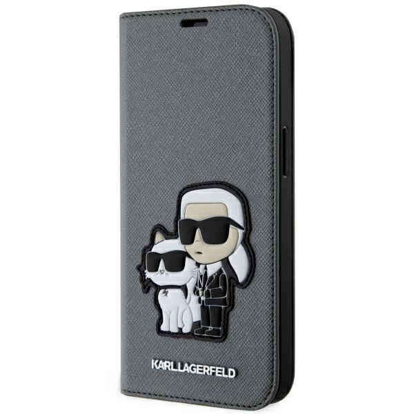 Karl Lagerfeld KLBKP14SSANKCPG iPhone 14 6.1" knygos tipo dėklas sidabrinis Saffiano Karl & Choupette