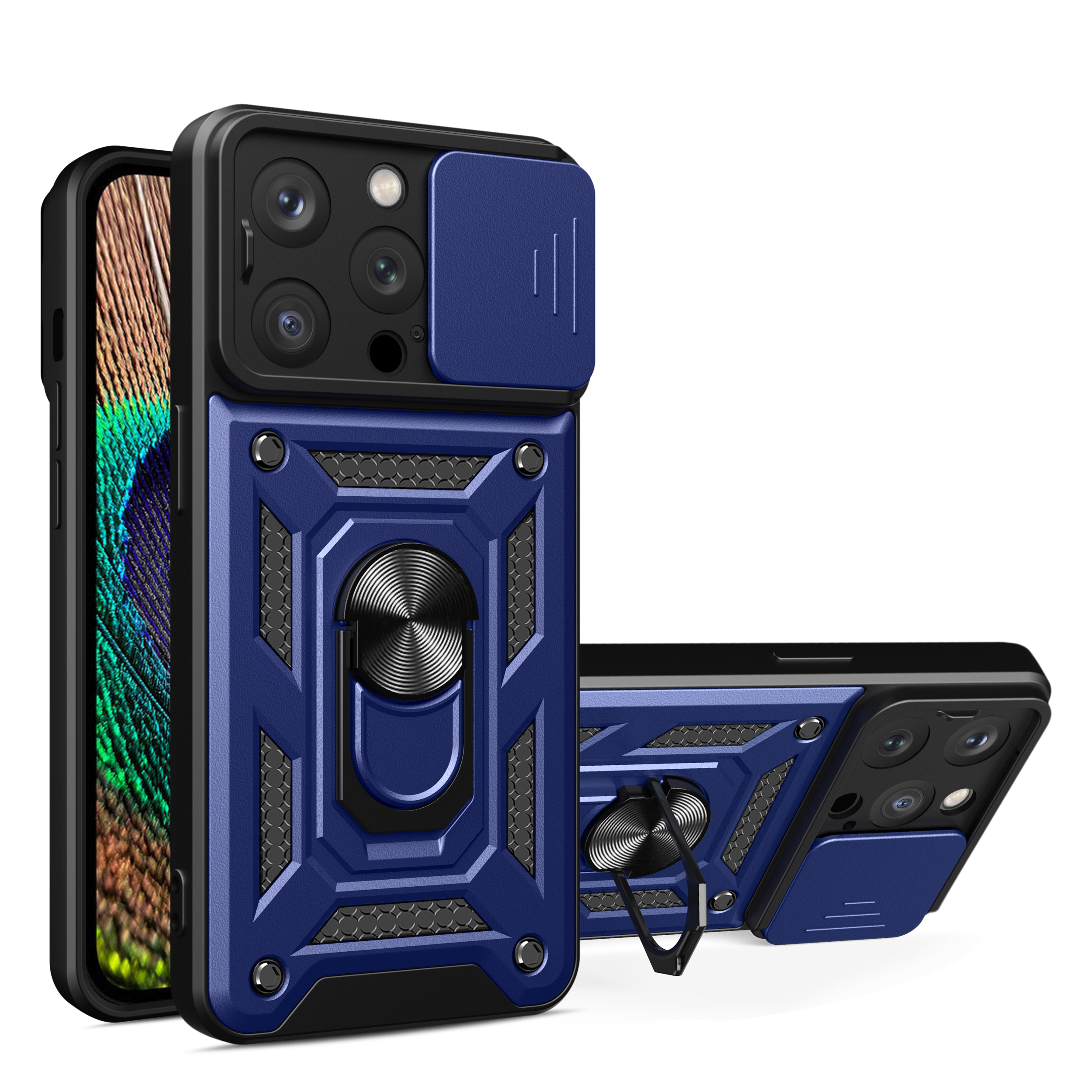 Hibridinis šarvuotas Camshield iPhone 15 Pro dėklas su stovu ir kameros dangteliu - mėlynas