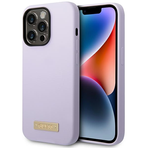Guess GUHMP14LSBPLU iPhone 14 Pro 6.1" violetinis kietasis dėklas silikon logotipo plokštė MagSafe