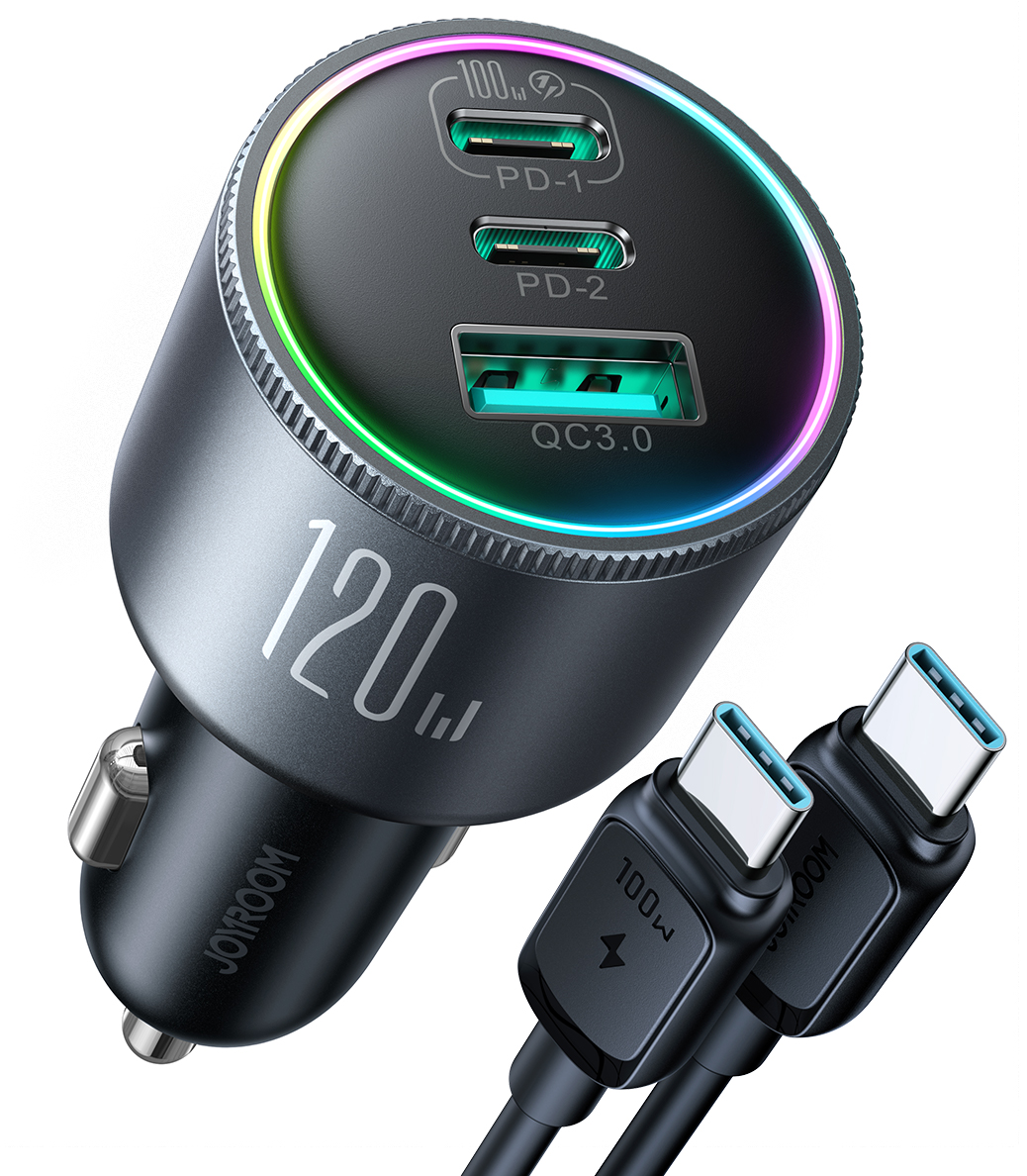 Joyroom JR-CCN07 120W automobilinis įkroviklis 2xUSB-C USB-A + USB-C kabelis 100W - tamsiai pilkas