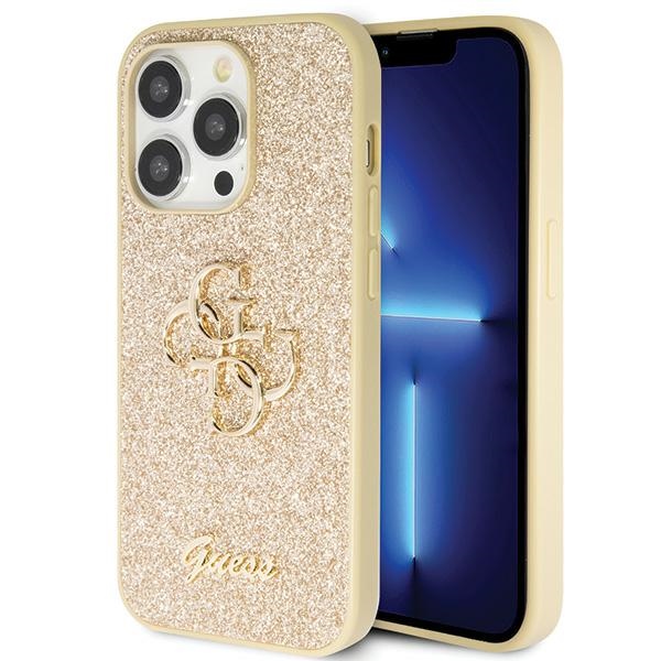 Guess GUHCP14LHG4SGD dėklas telefonui iPhone 14 Pro – auksinis Blizgus Script Big 4G