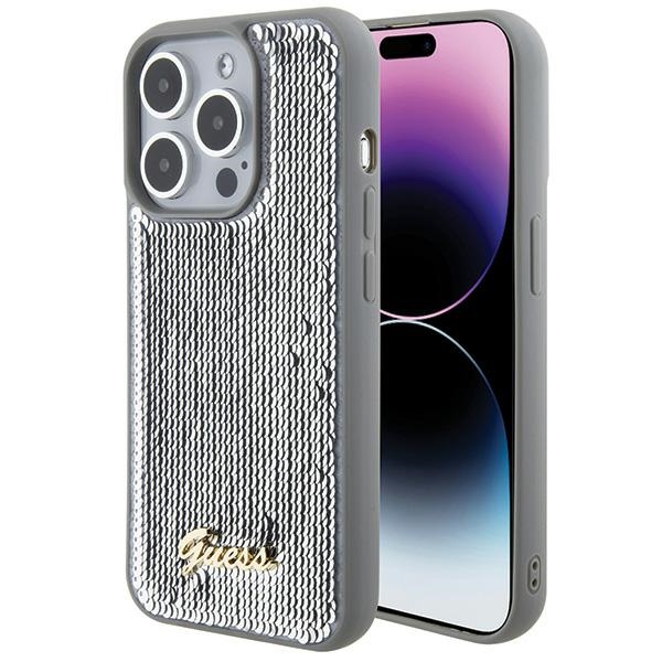 Guess Blizgučių Metalinis Užrašas dėklas telefonui iPhone 15 Pro - sidabrinis