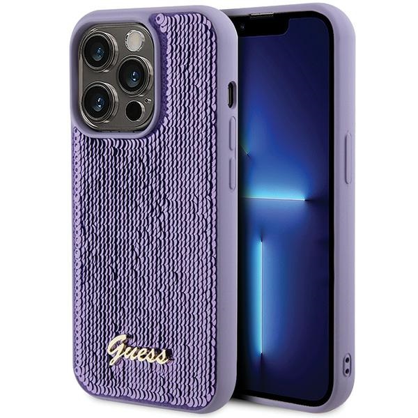 Guess Sequin Script Metal dėklas telefonui iPhone 15 Pro - violetinė