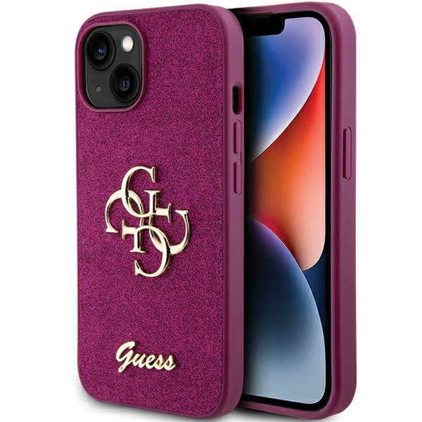 Guess Glitter Script Big 4G dėklas iPhone 15 - violetinis