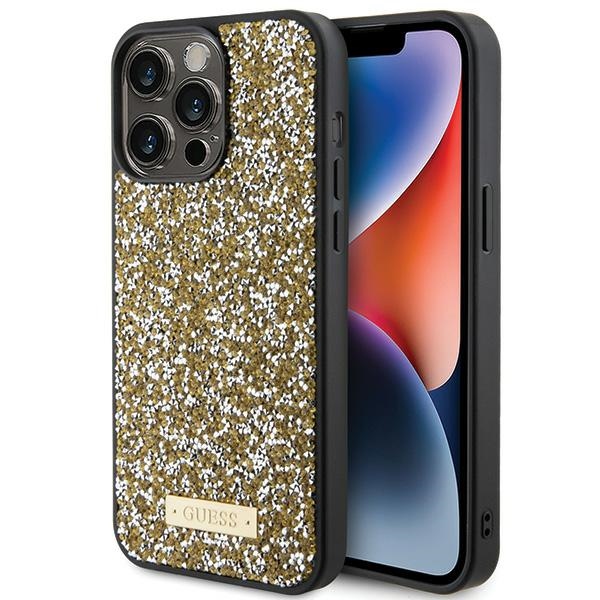Guess Rhinestone Metal Logo dėklas telefonui iPhone 15 Pro Max - geltonas